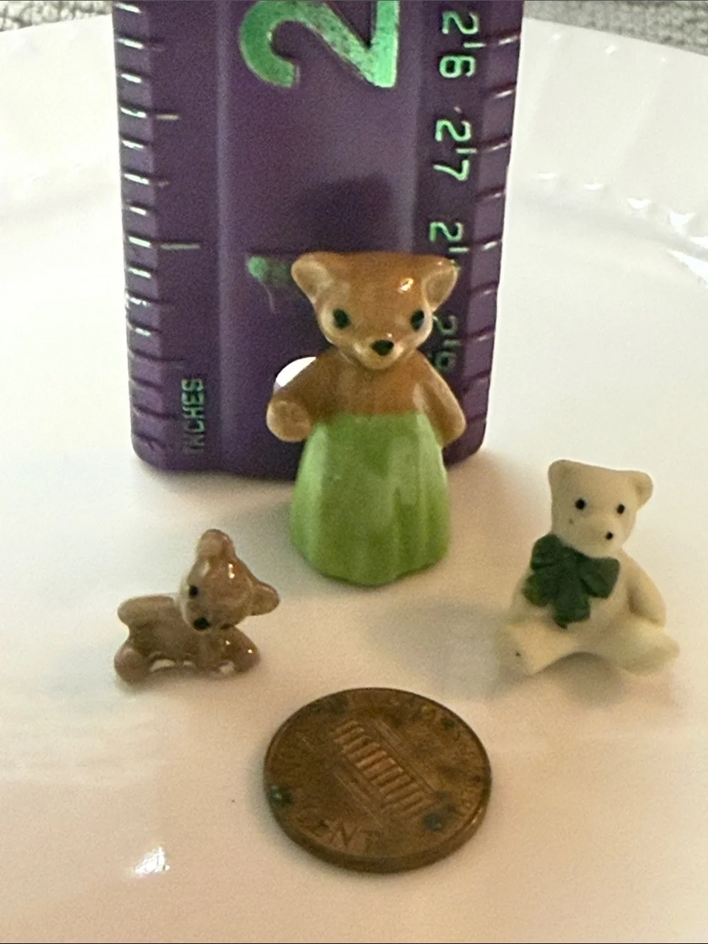 Vintage miniature Ceramic teddyBear Figurine Set with Green Dress - Hagen Renakr